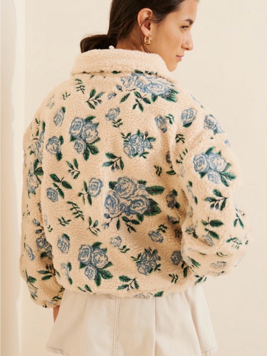 The Tiny Big Sister Jackets & Blazers - Cream Floral Teddy Jacket with Blue Rose Print
